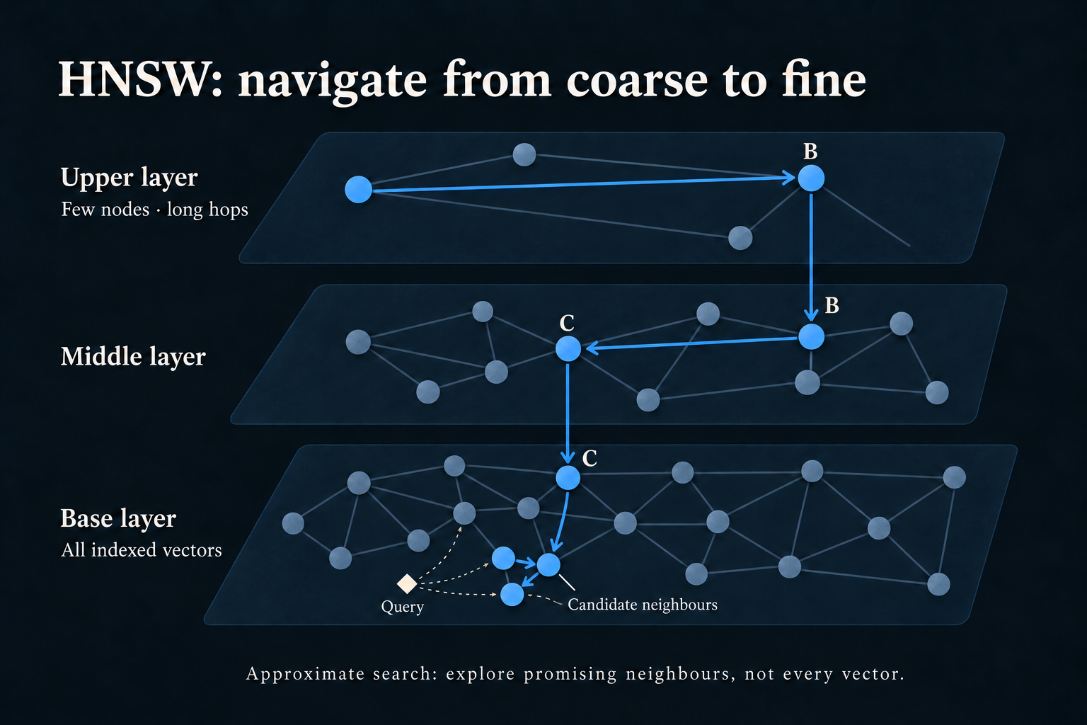 HNSW navigates a sparse upper graph, descends through shared nodes into denser layers, and explores candidate neighbours at the base. It does not compare the query with every indexed vector.