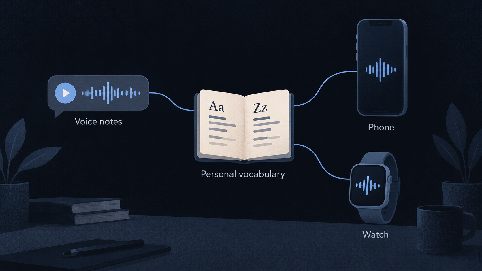 A shared personal vocabulary connects voice notes, a phone and a watch.
